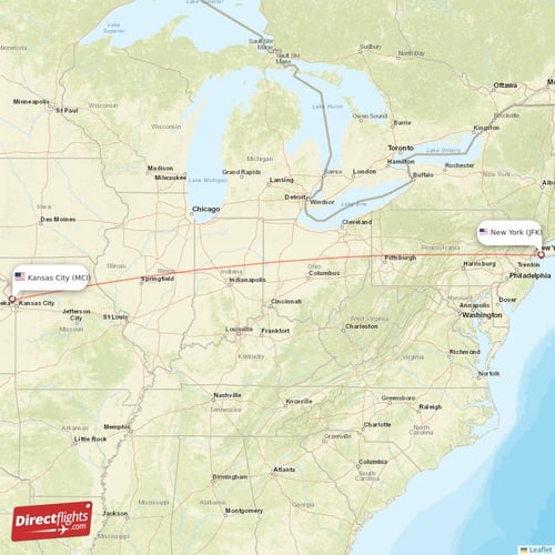 New York - Kansas City direct flight map