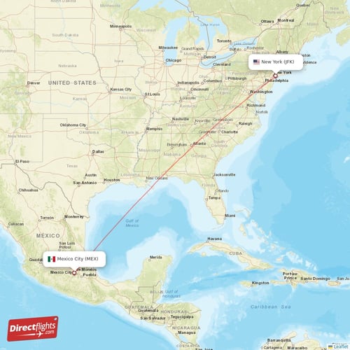 New York - Mexico City direct flight map