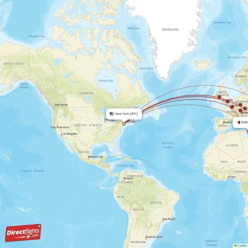 New York - Malta direct flight map