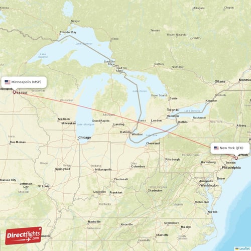 New York - Minneapolis direct flight map