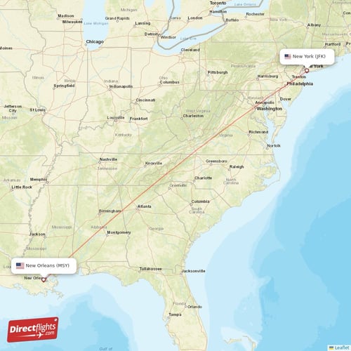 New York - New Orleans direct flight map
