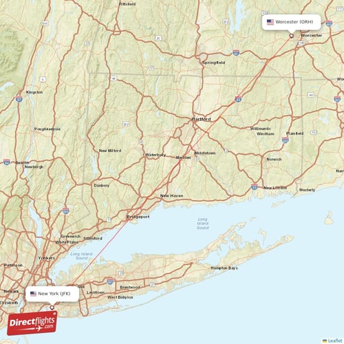 New York - Worcester direct flight map