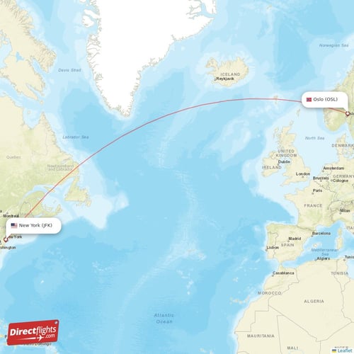 New York - Oslo direct flight map
