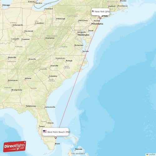 New York - West Palm Beach direct flight map