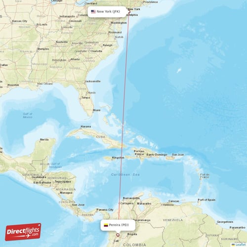 New York - Pereira direct flight map