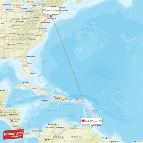 New York - Port Of Spain direct flight map