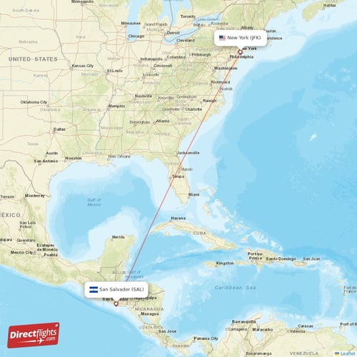 New York - San Salvador direct flight map