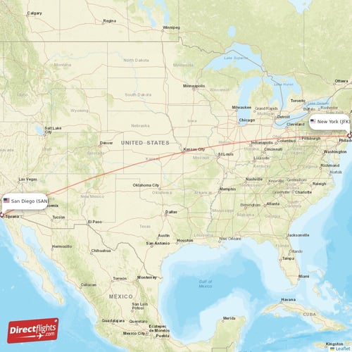 New York - San Diego direct flight map