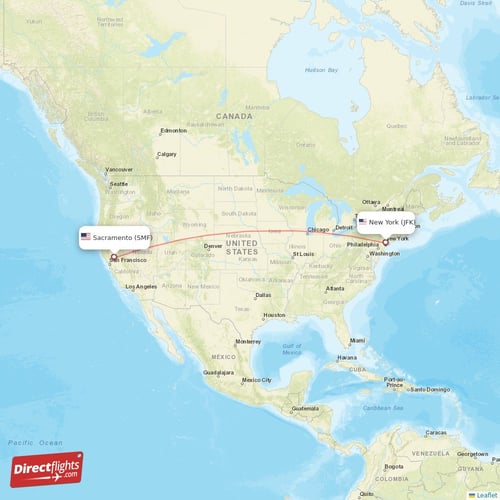 New York - Sacramento direct flight map