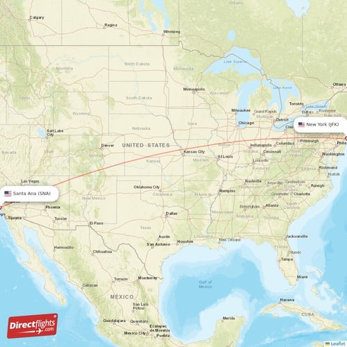 New York - Santa Ana direct flight map