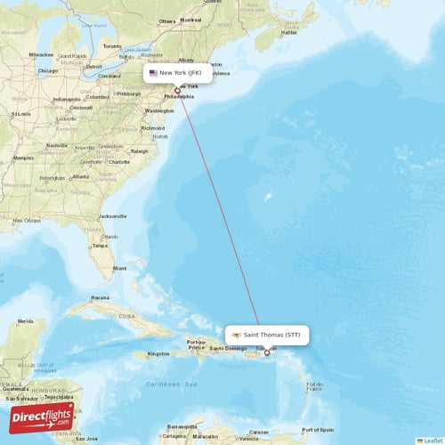 New York - Saint Thomas direct flight map
