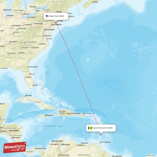 New York - Saint Vincent direct flight map