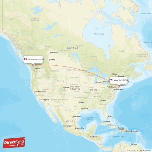 New York - Vancouver direct flight map