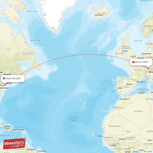 New York - Zurich direct flight map