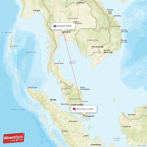 Johor Bharu - Bangkok direct flight map