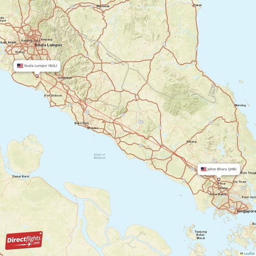 Johor Bharu - Kuala Lumpur direct flight map