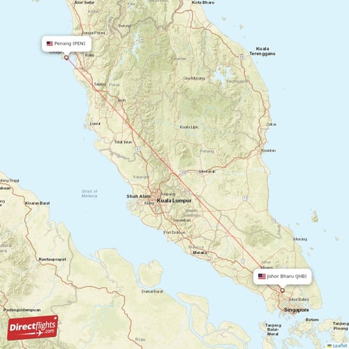 Johor Bharu - Penang direct flight map