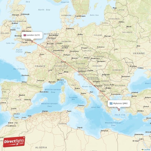 Mykonos - London direct flight map