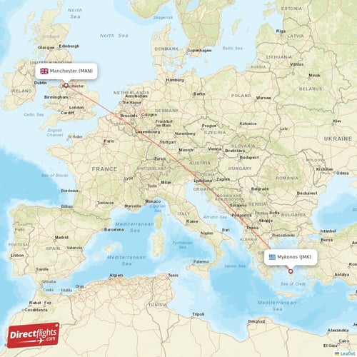 Mykonos - Manchester direct flight map