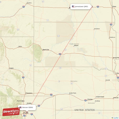 Jamestown - Denver direct flight map