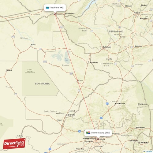 Johannesburg - Kasane direct flight map
