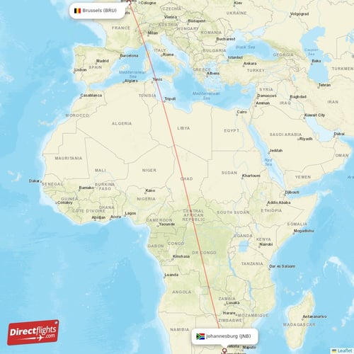 Johannesburg - Brussels direct flight map