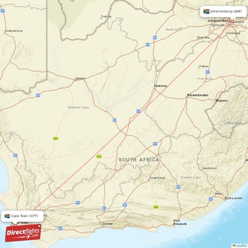 Johannesburg - Cape Town direct flight map