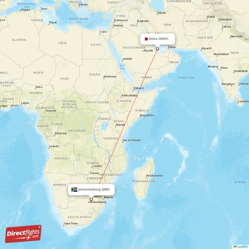Johannesburg - Doha direct flight map
