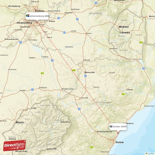 Johannesburg - Durban direct flight map