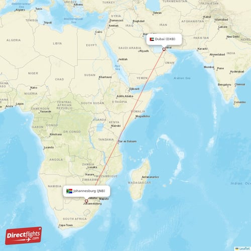 Johannesburg - Dubai direct flight map