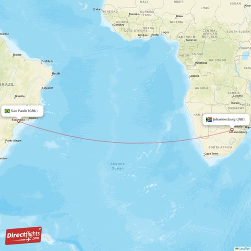 Johannesburg - Sao Paulo direct flight map