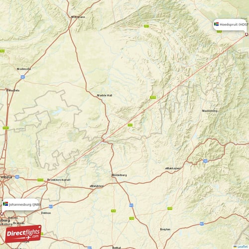 Johannesburg - Hoedspruit direct flight map