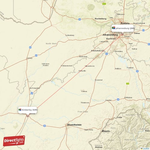 Johannesburg - Kimberley direct flight map