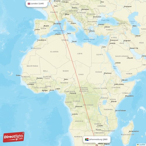 Johannesburg - London direct flight map