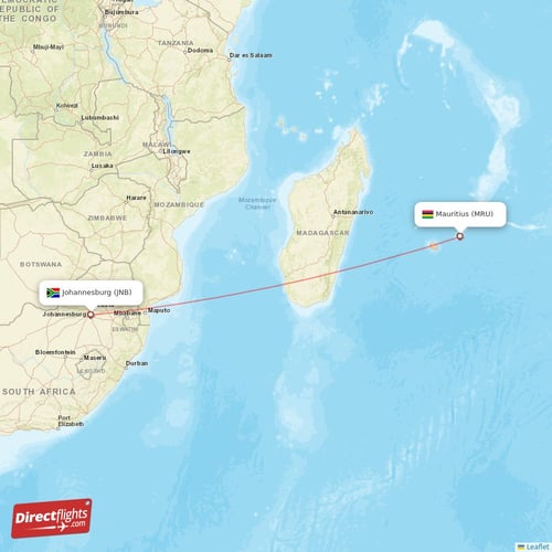 Johannesburg - Mauritius direct flight map