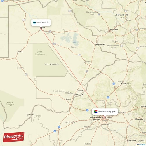 Johannesburg - Maun direct flight map