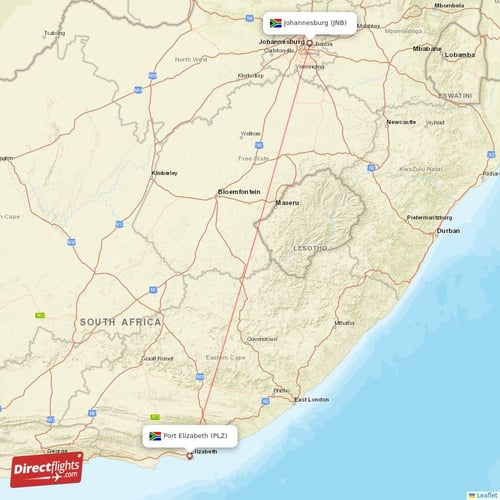 Johannesburg - Port Elizabeth direct flight map