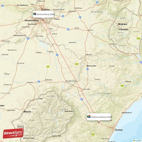 Johannesburg - Pietermaritzburg direct flight map