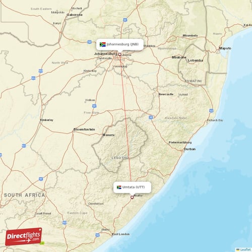 Johannesburg - Umtata direct flight map