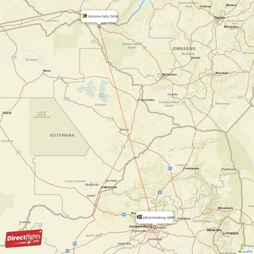 Johannesburg - Victoria Falls direct flight map