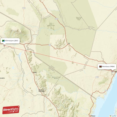 Kilimanjaro - Mombasa direct flight map