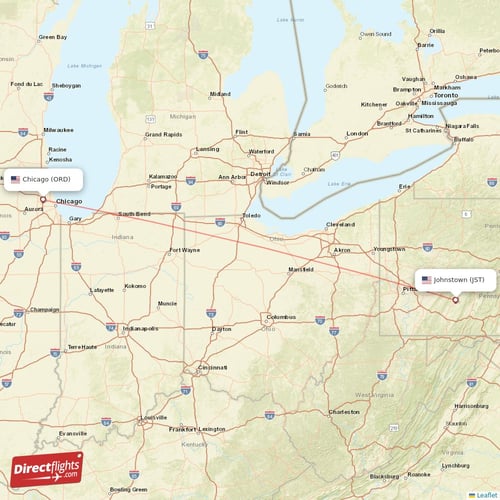 Johnstown - Chicago direct flight map