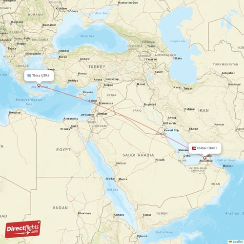 Thira - Dubai direct flight map