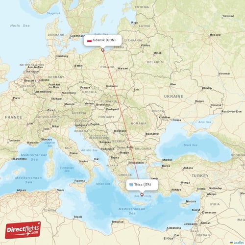 Thira - Gdansk direct flight map