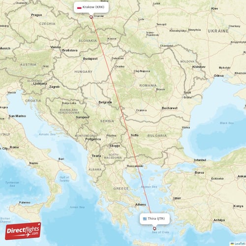 Thira - Krakow direct flight map