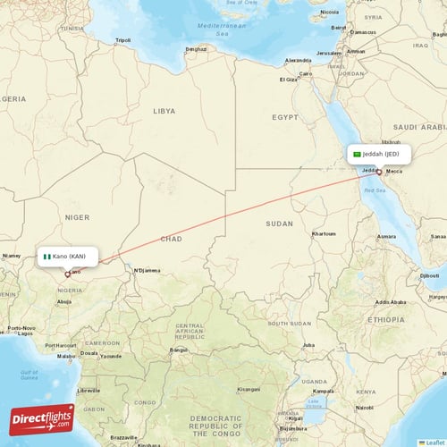 Kano - Jeddah direct flight map