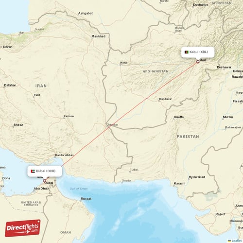 Kabul - Dubai direct flight map