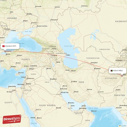 Kabul - Istanbul direct flight map