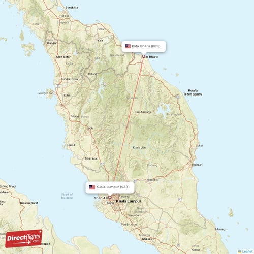 Kota Bharu - Kuala Lumpur direct flight map