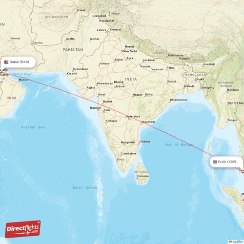 Krabi - Dubai direct flight map